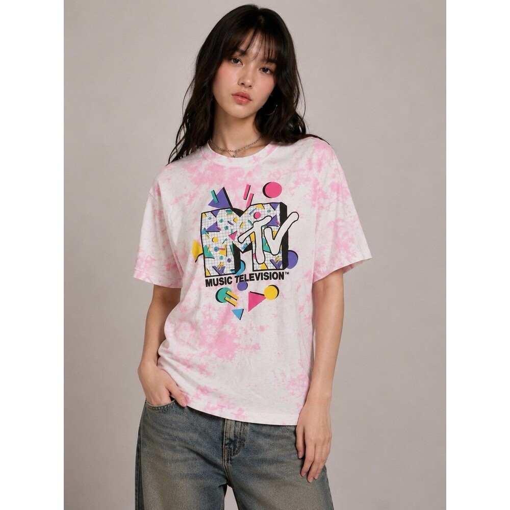 MTV T-Shirt Women Size XL Pink Tie Dye Logo Tee 80s Festival Concert Retro